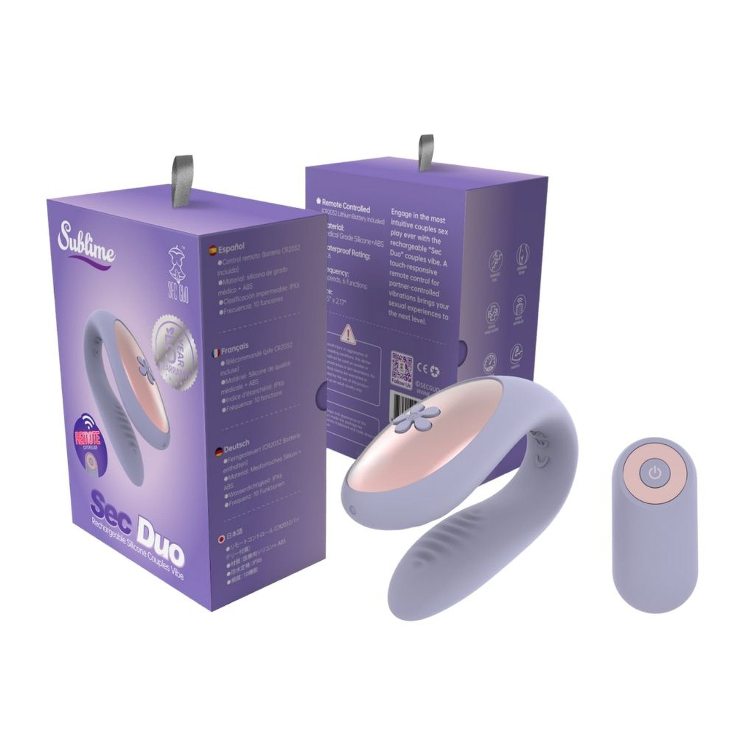 Sec Duo Rechargeable Lilac Purple Silicone Couples Vibe Sublime Package