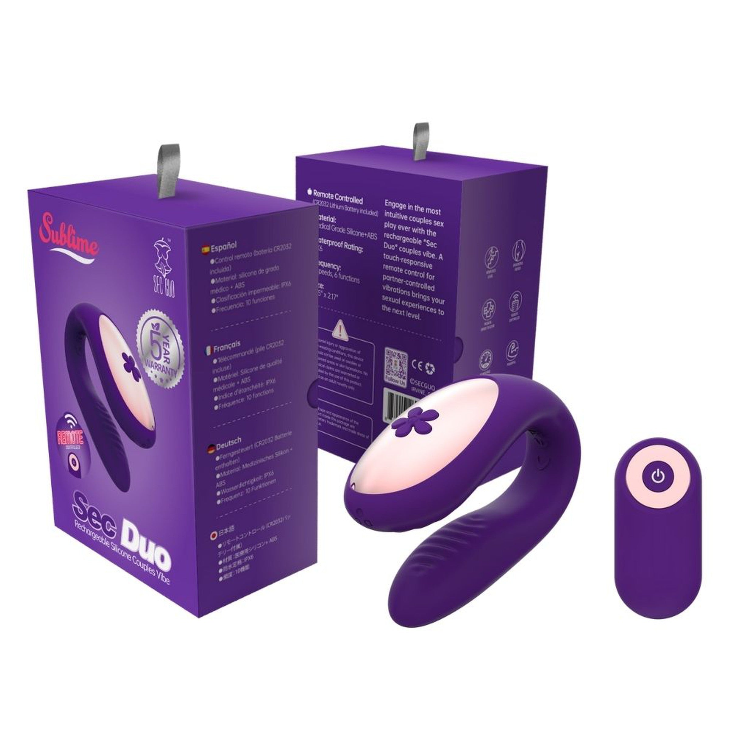 Sec Duo Rechargeable Plum Purple Silicone Couples Vibe Sublime Package